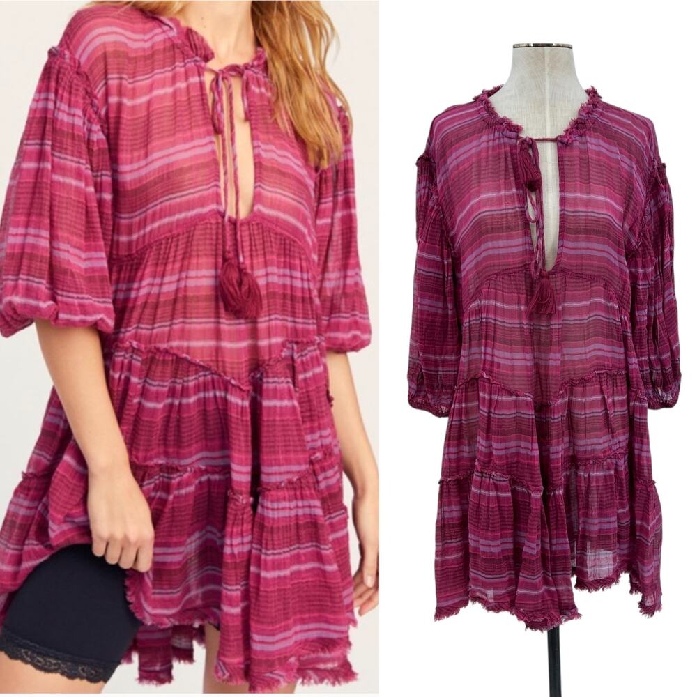 Free People Gianna Striped Tunic Dress Tasseled Pink‎ Size Small